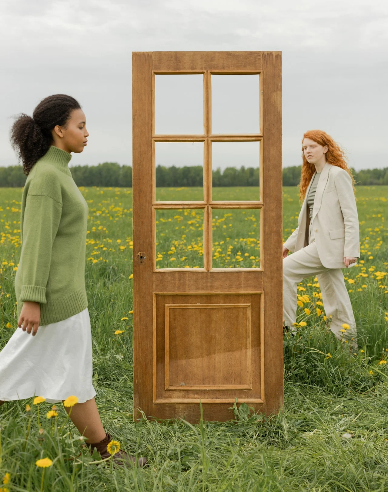 девушки в поле с дверью