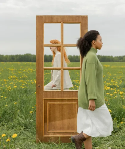 девушки в поле с дверью